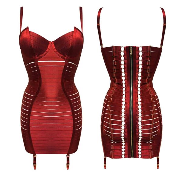 BORDELLE Angela Adjustable Dress Burnt Red Sexy, figurbetontes, elastisches Kleid in Rot im Bondage-Stil mit Reißverschluss am Rücken von BORDELLE bei Brigade Mondaine