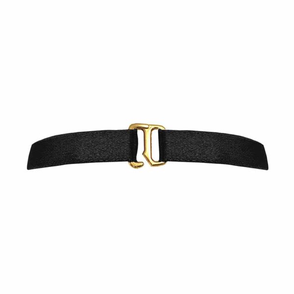 Collier ras du cou en élastiques satinés noirs avec pièce en métal doré représentant un entrelacement d'anneaux en son centre, Bordelle Signature chez Brigade Mondaine
