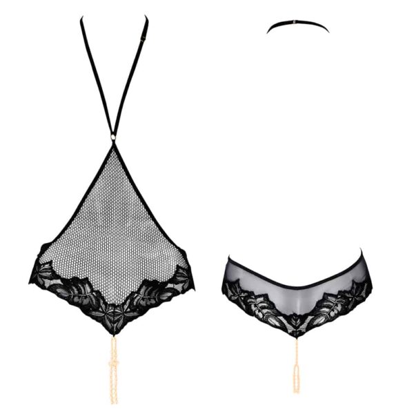 BRACLI London - London Playsuit Playsuit String mit anregenden Perlen und schwarzer Spitze mit schwarzem Netz bis zwischen die Brüste BRACLI bei Brigade Mondaine