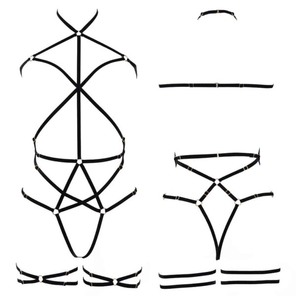 NACHTKÜRZE - Margo Playsuit Schwarz Margo Playsuit aus schwarzen, geometrischen Gummibändern mit Stern auf dem Bauch von Couture de Nuit bei Brigade Mondaine
