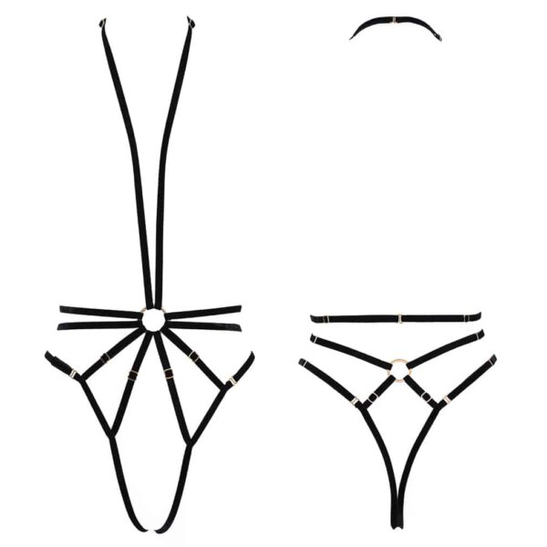 COUTURE DE NUIT - Scarlett Playsuit Black Playsuit Scarlett в черный эластичный костюм с шейным ремешком и стринги подписал Couture de Nuit на Brigade Mondaine