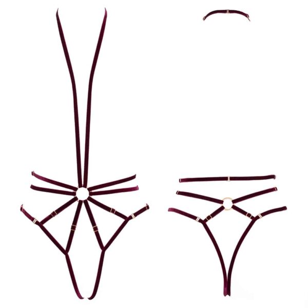 COUTURE DE NUIT - Mono Scarlett Burdeos Scarlett Playsuit en elástico burdeos con correa para el cuello y tanga firmada Couture de Nuit en Brigade Mondaine
