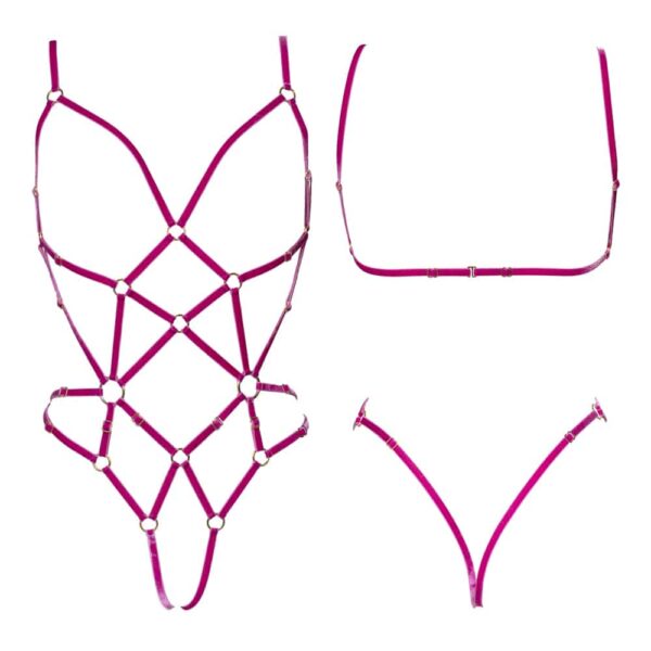 COUTURE DE NUIT - Stella Playsuit Fuchsia Playsuit fuschia dos nu avec croisement sur le buste et le ventre en élastique velours COUTURE DE NUIT chez Brigade Mondaine