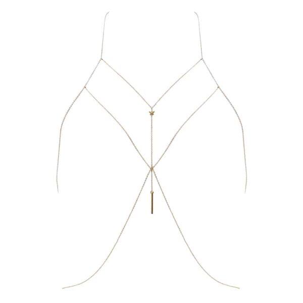 Bijou de corps en or fait à la main avec étoiles filantes pendant et croisé entre les seins FUNGI chez Brigade Mondaine