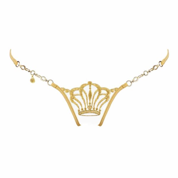 Tanga con encaje dorado y cadena con motivo de corona de Lucky Cheeks en Brigade Mondaine