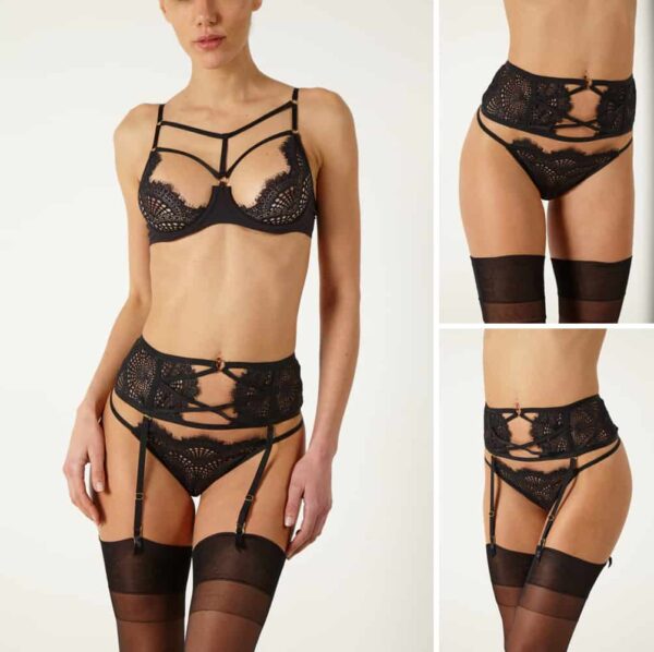 Conjunto de lencería redonda de encaje negro con tanga y sujetador semiabierto con sujetador cruzado y cinturón de ligas cruzado Atelier Amour a Brigade Mondaine