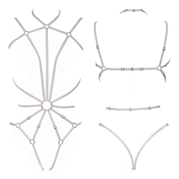 COUTURE DE NUIT - Eva Playsuit Nude Playsuit en élastique en velours blanc dos nu et fesses découvertes avec croisement étoilé sur le ventre Couture de Nuit chez Brigade Mondaine