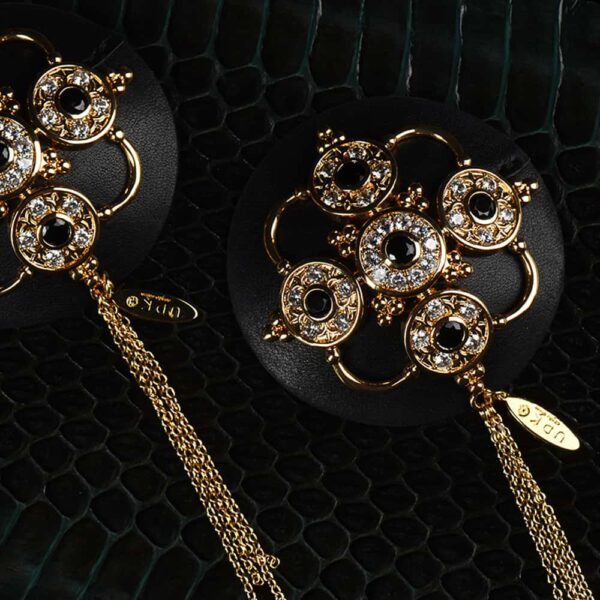 Black leather nippies with crystals inlaid cabaret theme UPKO at Brigade Mondaine