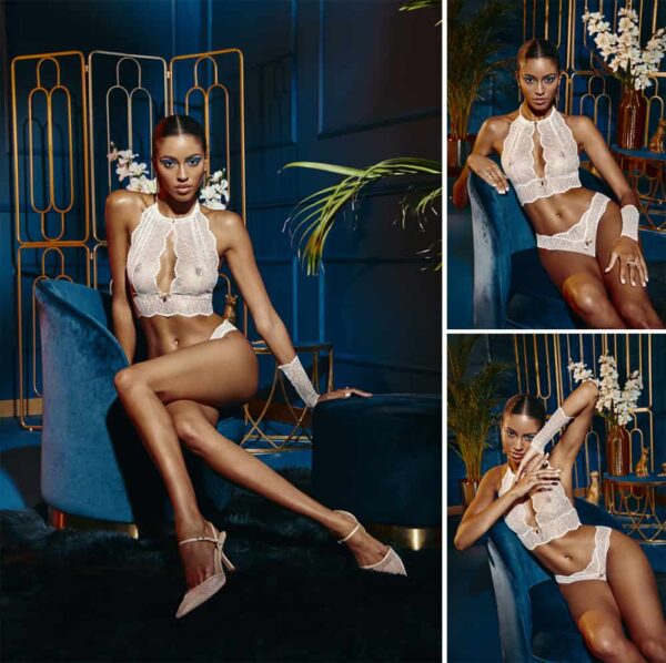 Bralette mit Perlen aus elfenbeinfarbener Spitze und Satinband Kollektion SYDNEY mit kleiner Schleife auf der Vorderseite BRACLI bei Brigade Mondaine
