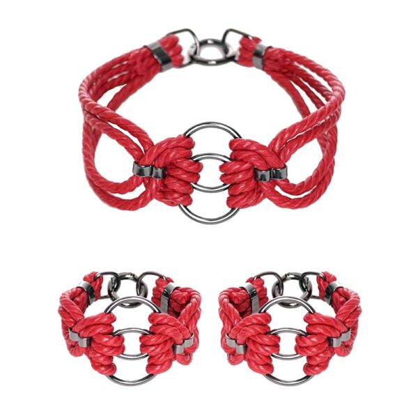 Set Halsband und Handschellen in Rot und Silber, Choker mit Ketten