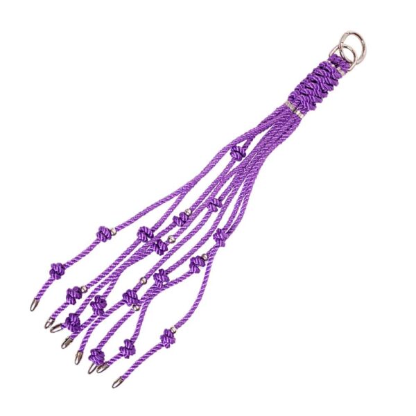 Purple braided Shibari rope whip with silver bow and bead for impact