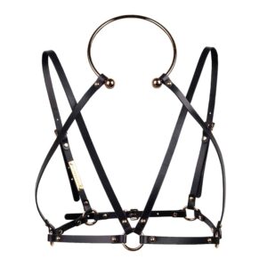 Harnais de bondage Amata en cuir noir de la marque Elif Domanic. Ce harnais est conçu de lanières en cuir noir et de fines boucles argentées. Le harnais se porte par le biais d’un tour de cou rigide et circulaire avec une ouverture pour l’avant du cou, les lanières y sont accrochées grâce à de petits clous et forment la poitrine, les bretelles et le maintien du dessous de la poitrine.