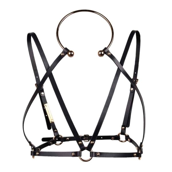 Black leather bondage harness Amata from Elif Domanic. This harness is designed with black leather straps and thin silver buckles. The harness is worn by means of a rigid and circular choker with an opening for the front of the neck, the straps are hooked to it with small nails and form the chest, the straps and the support of the underside of the chest.