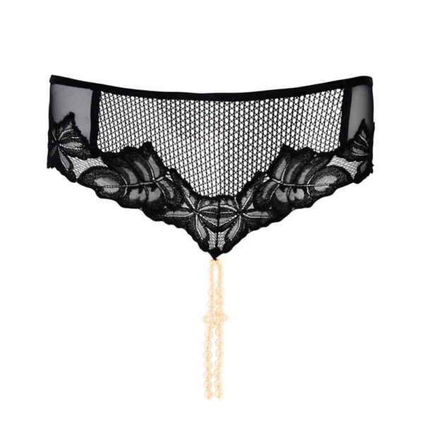 Culotte LONDON de BRACLI en dentelle stretch, satin et perles de Majorque, design taille basse, fabrication artisanale en Espagne.