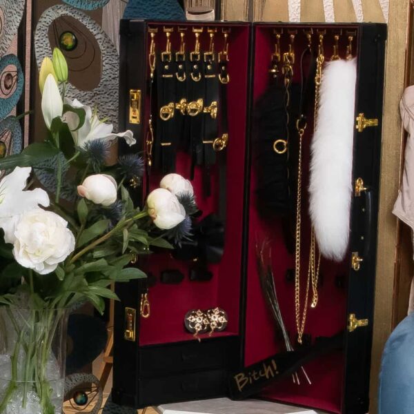 Lujoso baúl BDSM con 19 accesorios de cuero italiano, en un discreto estuche con cerradura codificada para una experiencia elegante y confidencial.