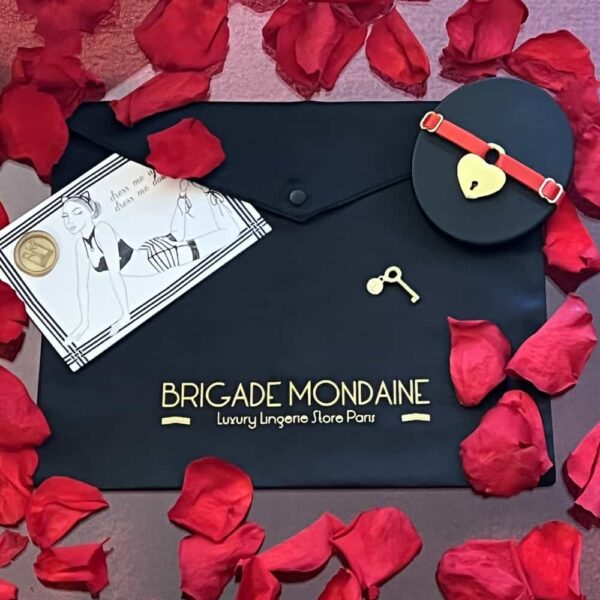 Schwarze Verpackung der mondänen Brigade. Der Stoff ist mit der goldenen Aufschrift "Brigade Mondiaine" versehen. Dazu gibt es eine Karte, einen roten Choker und Rosenblätter. .