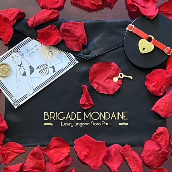 Schwarze Verpackung der mondänen Brigade. Der Stoff ist mit der goldenen Aufschrift "Brigade Mondiaine" versehen. Dazu gibt es eine Karte, einen roten Choker und Rosenblätter. .