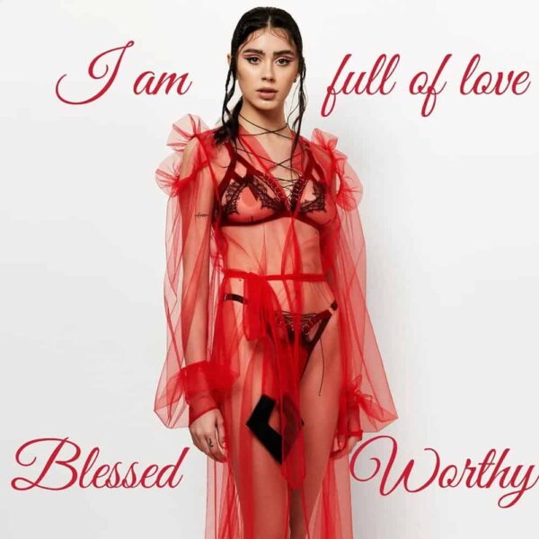 woman in transparent red nightie and black lingerie lace and threads entwined.