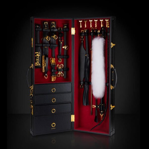 For your top 10 UPKO accessories Bondage and BDSM case in red velvet and black handmade leather, including drawers and UPKO code lock at Brigade Mondaine