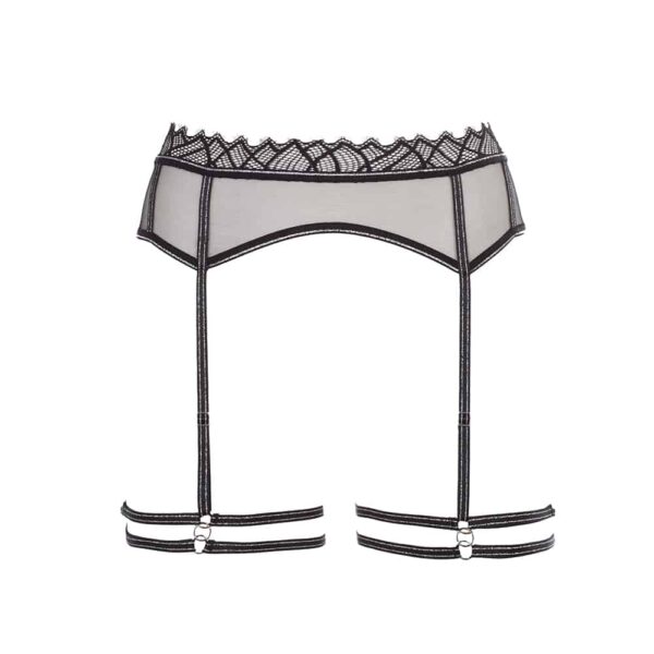 Коллекция Manhattan от Bracli. Manhattan Garters Harness с прозрачным черным люрексом и кружевом. Шов подчеркнут серебристыми блестками.