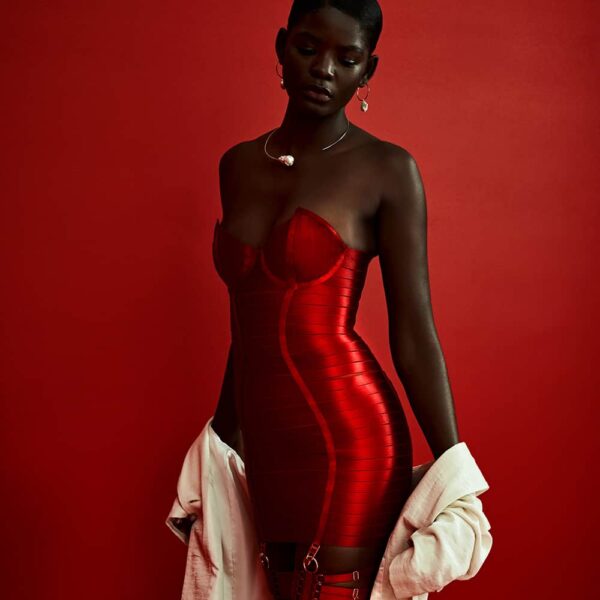 BORDELLE Kleid Angela Rot Rotes Kleid Angela der Marke Bordelle. Dieses Produkt besteht aus mehr als 150 elastischen Satinbändern und Verschlüssen, Verstellern, Strumpfhaltern und einem Verschluss, die mit 24-karätigem Gold beschichtet sind. Das Kleid besteht aus einer Ansammlung von Gummibändern, die den Körper formen, sowie aus Gummibändern, die die Form eines Geschirrs nachahmen. Für den Rücken gibt es einen durchgehenden Reißverschluss mit Ringen auf beiden Seiten des Verschlusses für einen Korsett-Effekt.