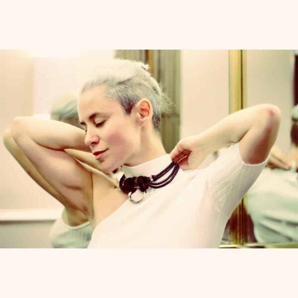 Choker style made of polycotton rope with O ring details and zinc alloy and braided brass fastener