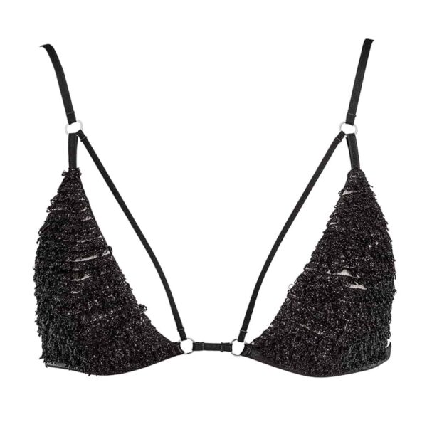 GONZALES Affaires - Bralette Iggy - Limited Edition 20 copies Bralette Iggy Collection Caravasar of the brand Gonzalez. This bralette has a triangle shape and is black in color. Two small silver rings are placed at the end of the cups at the level of the solar plexus and hold two small decorative elastics. The cups are made of tulle and thin straps. The bralette is attached to the back with a simple hook.