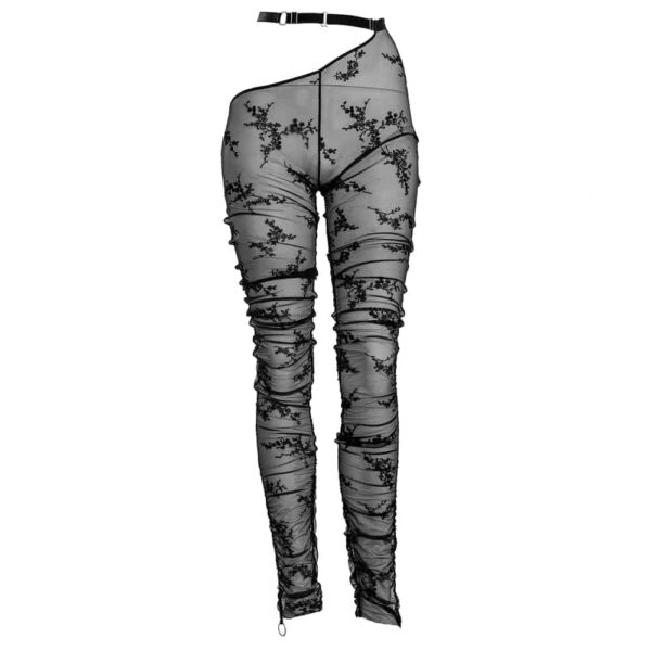 GONZALES Affaires- Iggy Leggings - Limited Edition 20 copies Legging Iggy Collection Caravasar of the brand Gonzales Affairs. This product is made of transparent tulle and black floral lace. A cutout at the right hip shows the skin. The belt of the leggings is black elastic. The product hangs at the navel with a hook. A small decorative ring is placed on the right hip. The fabric lets completely see the skin by its transparency.