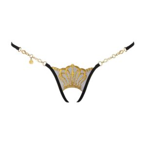 Queen Of Love open thong by LUCKY CHEEKS in Swiss embroidery, Swarovski fishnet and rhinestones, zamac chain, handcrafted in Germany.