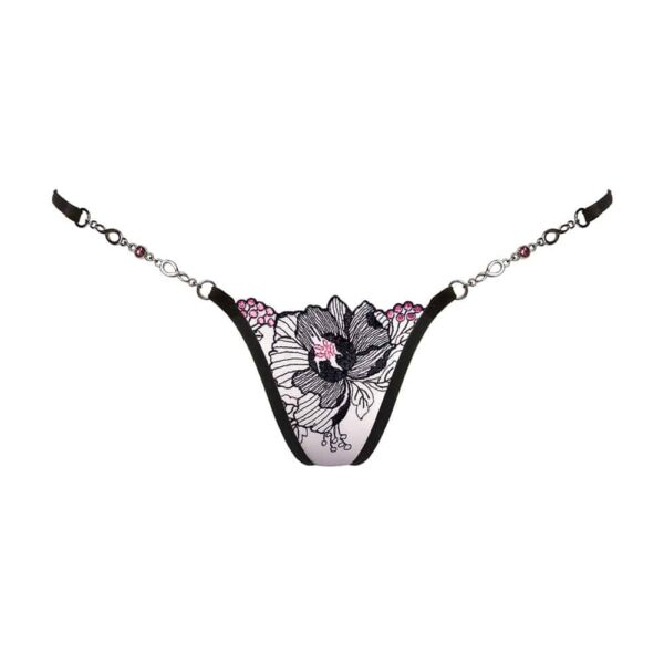 Elegante tanga Lady de LUCKY CHEEKS en bordado suizo, rejilla Swarovski y strass, cadena Zamac, hecho a mano en Alemania.