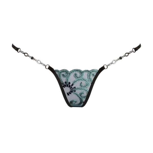 String Bijou Jade Girl von LUCKY CHEEKS aus Schweizer Stickerei, Netz und Swarovski-Strass, Kette aus Zinkdruckguss, handgefertigt in Deutschland.