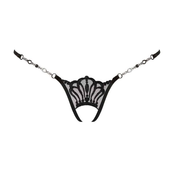 Offener String Queen Of Love von LUCKY CHEEKS aus Schweizer Stickerei, Netz und Swarovski-Strass, Kette aus Zamak, handgefertigt in Deutschland.