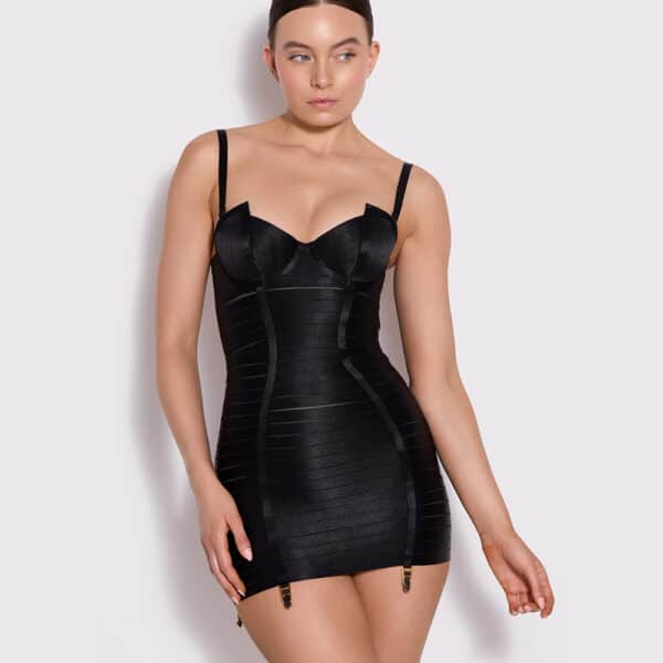 BORDELLE-Angela Adjustable Black robe en élastique brillant noir, ajustable