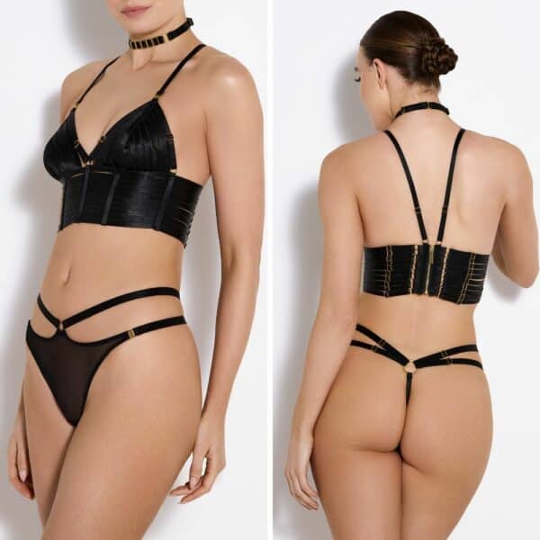 BORDELLE SIGNATURE (7) Photo d'une Femme de 3/4 et de Dos portant un Collier, un Crop-Top et un String Résille couleur Noir