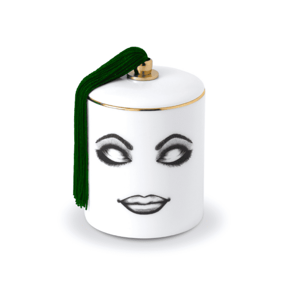 LDC - Ponderer Bougie Parfumée Bougie parfumée en porcelaine de Chine blanche avec feutrine noire qui peint un visage relaxe et détendu avec les yeux fermés et maquillage clair avec détails en vert et en or