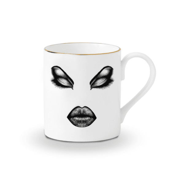 LDC - Prima Donna Tasse Cup in white Chinese porcelain and precise black felt depicting the prima donna's face in make-up, eyes closed, lips full.