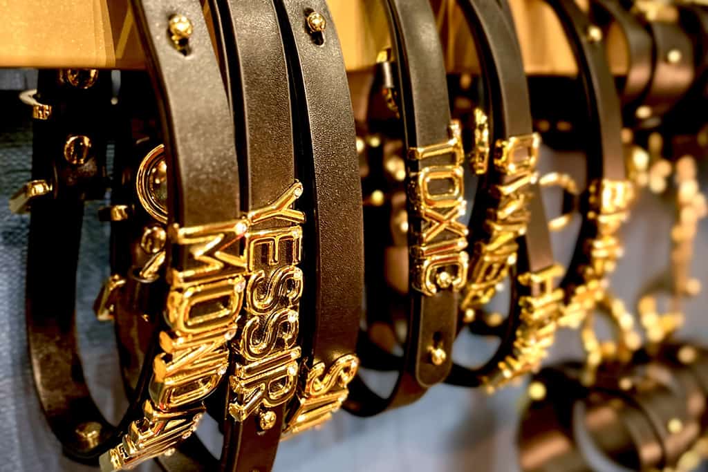 Una serie de fotografías en primer plano muestra collares de cuero negro adornados con letras doradas. El primer collar luce con orgullo la palabra "Mondaine", el segundo luce un atrevido "Yessir", mientras que el cuarto revela el intrigante "Toxic".