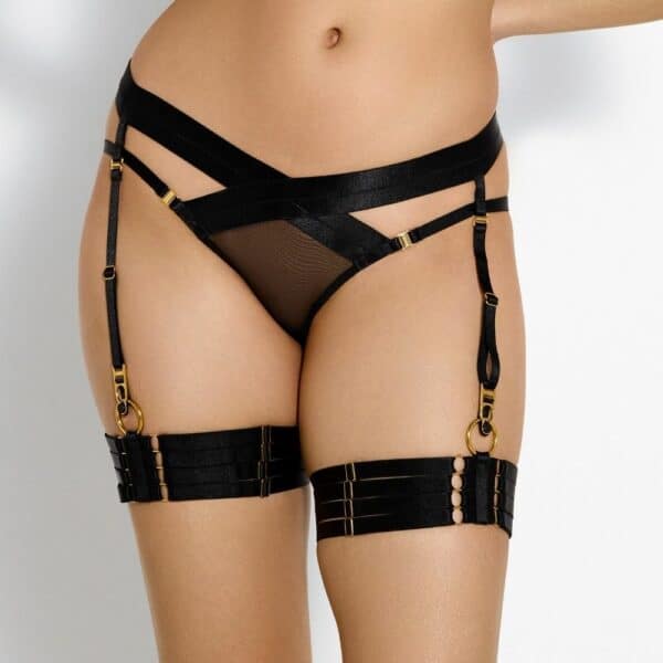 BORDELLE SIGNATURE BLACK (59) Détail de la Photo d'une Femme de Devant portant un Soutien-Gorge Push-Up en Soie, une Culotte Porte-jarretelles et des Jarretières couleur Noir