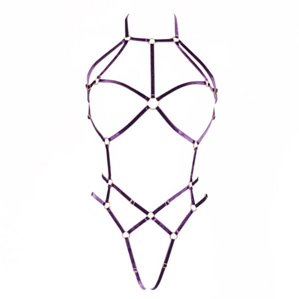 COUTURE DE NUIT - Jane Playsuit Amethyst Harnais Jane Améthyst en velours élastique avec finitions artisanales et anneaux métalliques haut de gamme.