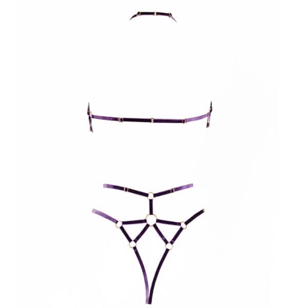 COUTURE DE NUIT - Jane Playsuit Amethyst Harnais Jane Améthyst en velours élastique avec finitions artisanales et anneaux métalliques haut de gamme.