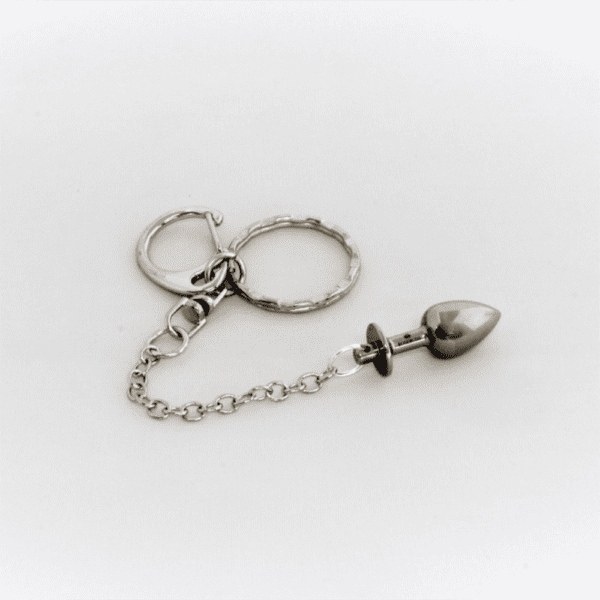 Image on white background of a silver plus key ring from ROSEBUDS. You can see the plug, the grey chain and the silver key ring.