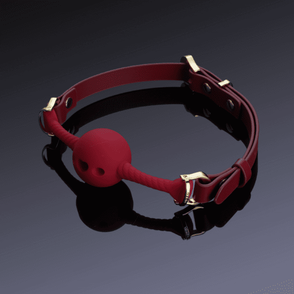 Image of red heart mouth gag on black background.