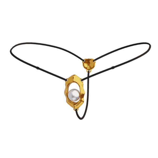 Joyería para clítoris UPKO "Moist Eyes" con estimulador ergonómico y cuenta rodante. Tanga ajustable, detalles dorados, aleación de zinc hipoalergénica para una estimulación y comodidad óptimas.