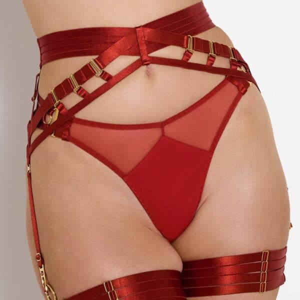 BORDELLE SIGNATUREN BURNT RED (28) Foto einer Frontfrau mit einem trägerlosen BH, einer Halskette mit Ring, Strumpfhaltern, einem Multi-Straps-String aus Netz und Jersey und Strumpfbändern in Rot.
