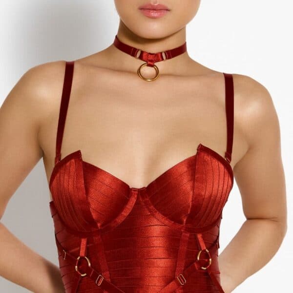 BORDELLE SIGNATURES BURNT RED (40) Détail d'une Photo d'une Femme de Devant portant un Collier avec Anneau et une Robe Bustier couleur Rouge