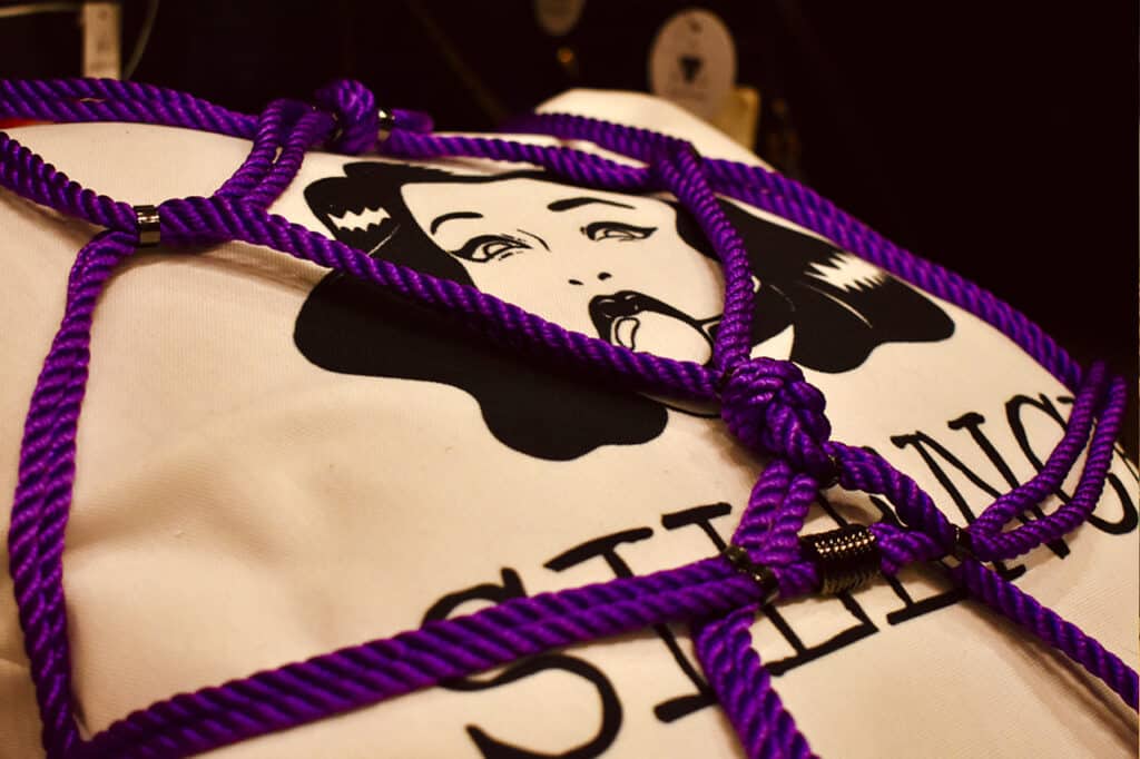 Рисунок фиолетовой веревки шибари вокруг подушки в салоне.