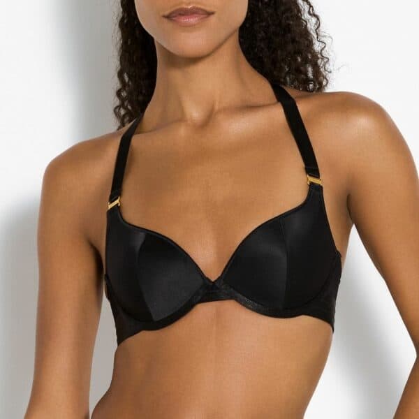 BORDELLE SIGNATURE BLACK (61) Detail of a Photo of a Front Woman Wearing a Black Silk Push-Up Bra