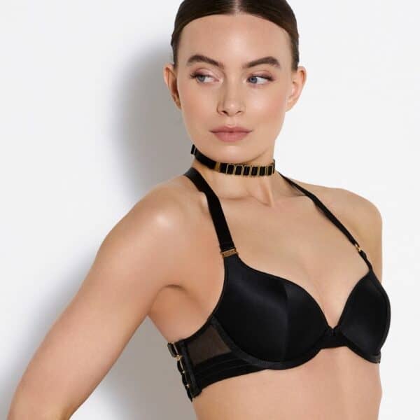 BORDELLE SIGNATURE BLACK (62) Detail of a Photo of a 3/4-Size Woman Wearing a Silk Push-Up Bra and a Black Choker