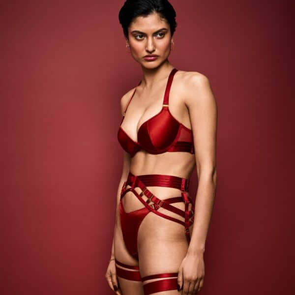 BORDELLE NEW SIGNATURE (21) Foto einer 3/4 Frau, die einen Seiden-BH, Strumpfhalter, String und Strumpfbänder in Rot trägt.