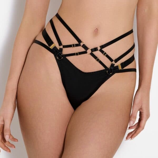BORDELLE SIGNATURE BLACK (10) Détail d'une Photo d'une Femme de Devant portant Culotte Harnais Ouvert et un String en Soie couleur Noir